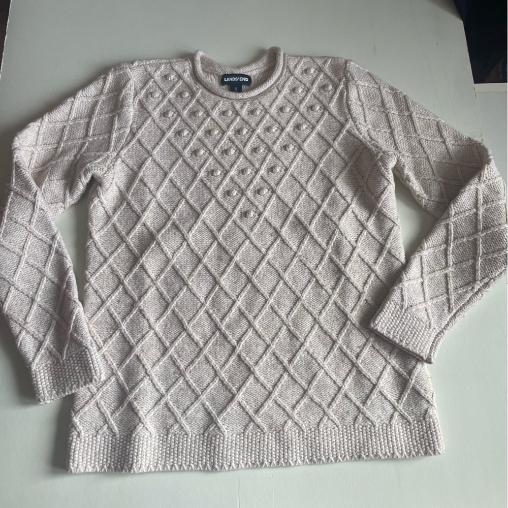 Small Lands End| Cream off white round neck knit sweater